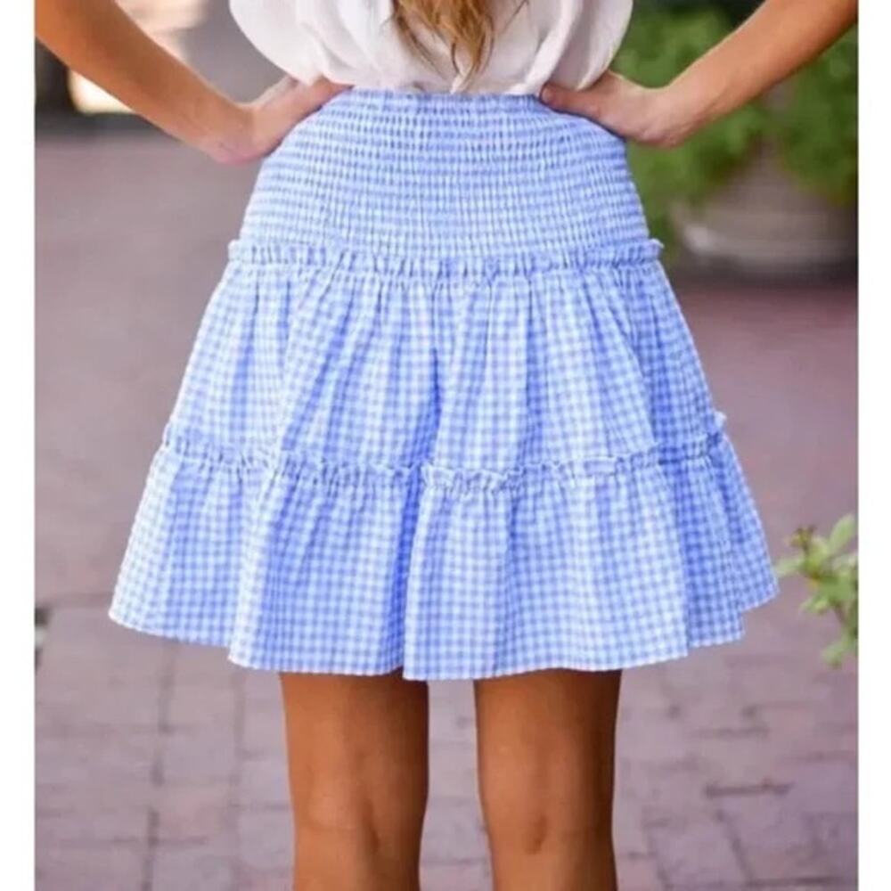 J. Marie Women's Blue White Check Gingham The Dorthy Linen Skirt Medium - Picture 3 of 8